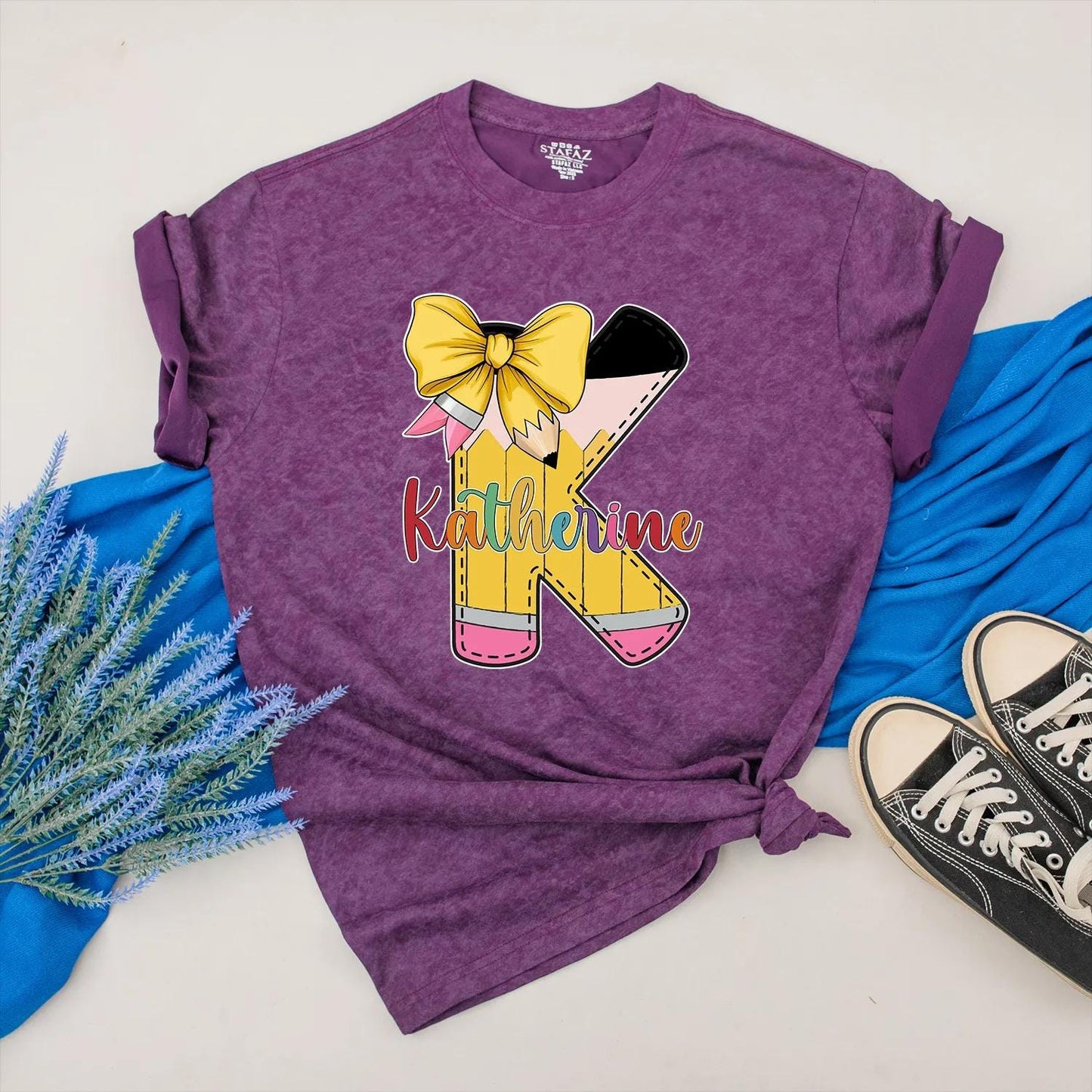 Personalized Pencil Teacher Shirt with Custom Name, Bow and Colorful Design, Teacher Appreciation Gift for Her, Back to School Outfit