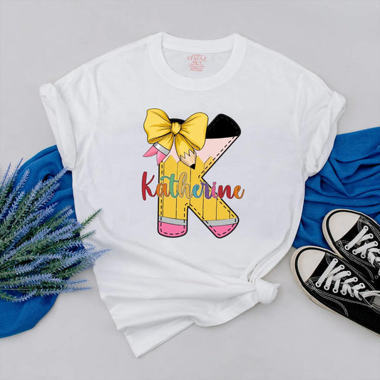 Personalized Pencil Teacher Shirt with Custom Name, Bow and Colorful Design, Teacher Appreciation Gift for Her, Back to School Outfit