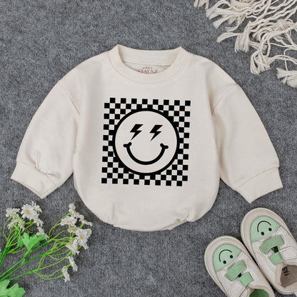 Retro Smiley Baby Romper Checkered Fun! Grandbaby Bodysuit Vintage Newborn Bubble Romper Announcement Gift Lightning Bolt Eyes Playful 1960s Style