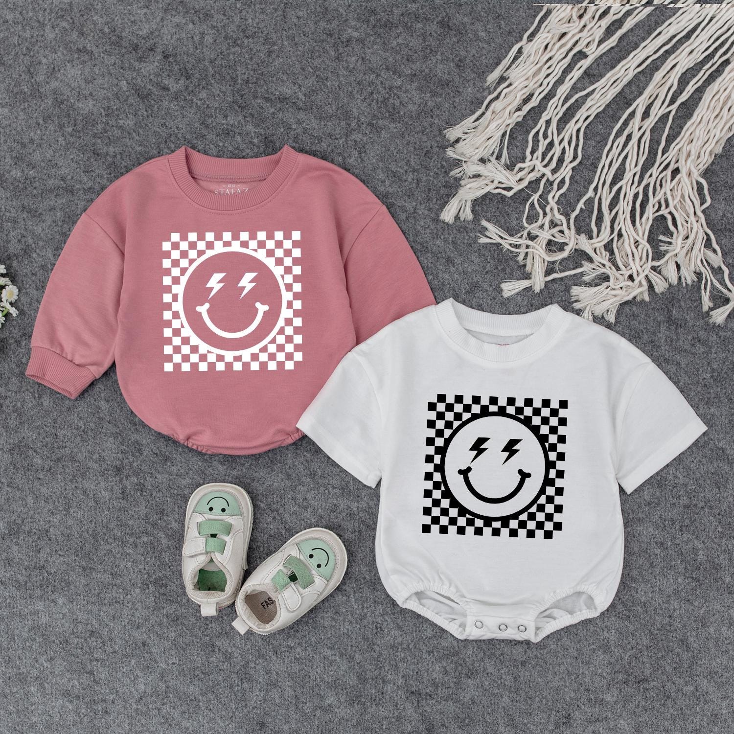 Retro Smiley Baby Romper Checkered Fun! Grandbaby Bodysuit Vintage Newborn Bubble Romper Announcement Gift Lightning Bolt Eyes Playful 1960s Style