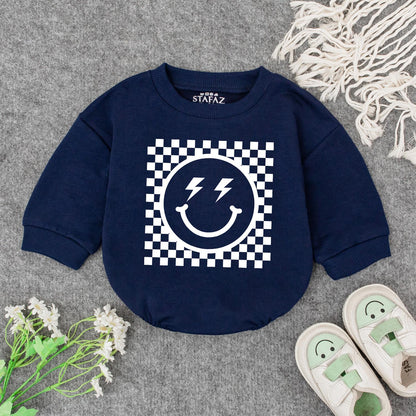 Retro Smiley Baby Romper Checkered Fun! Grandbaby Bodysuit Vintage Newborn Bubble Romper Announcement Gift Lightning Bolt Eyes Playful 1960s Style