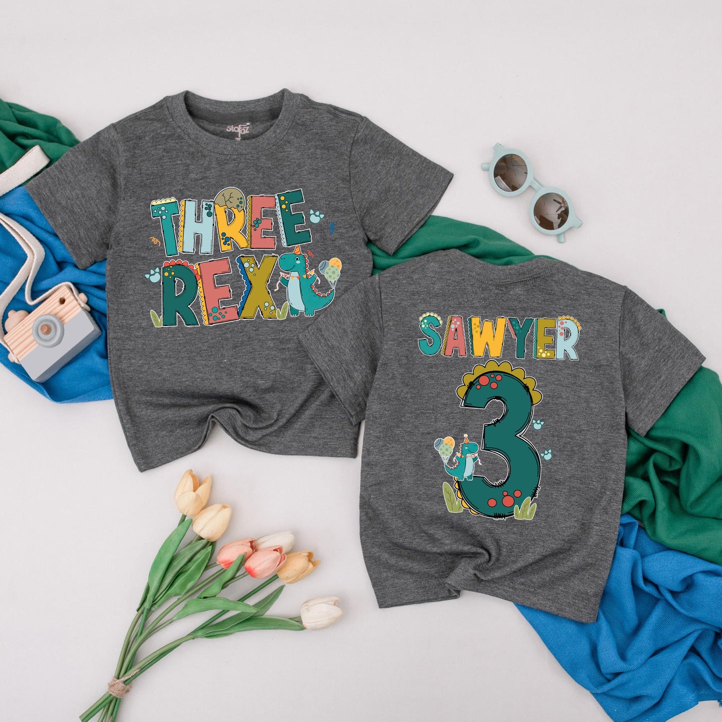 Personalized Three Rex Birthday T-Shirt for 3rd Birthday Boy - Custom Dinosaur Toddler Tee with Sawyer's Name, Cute Dino Outfit