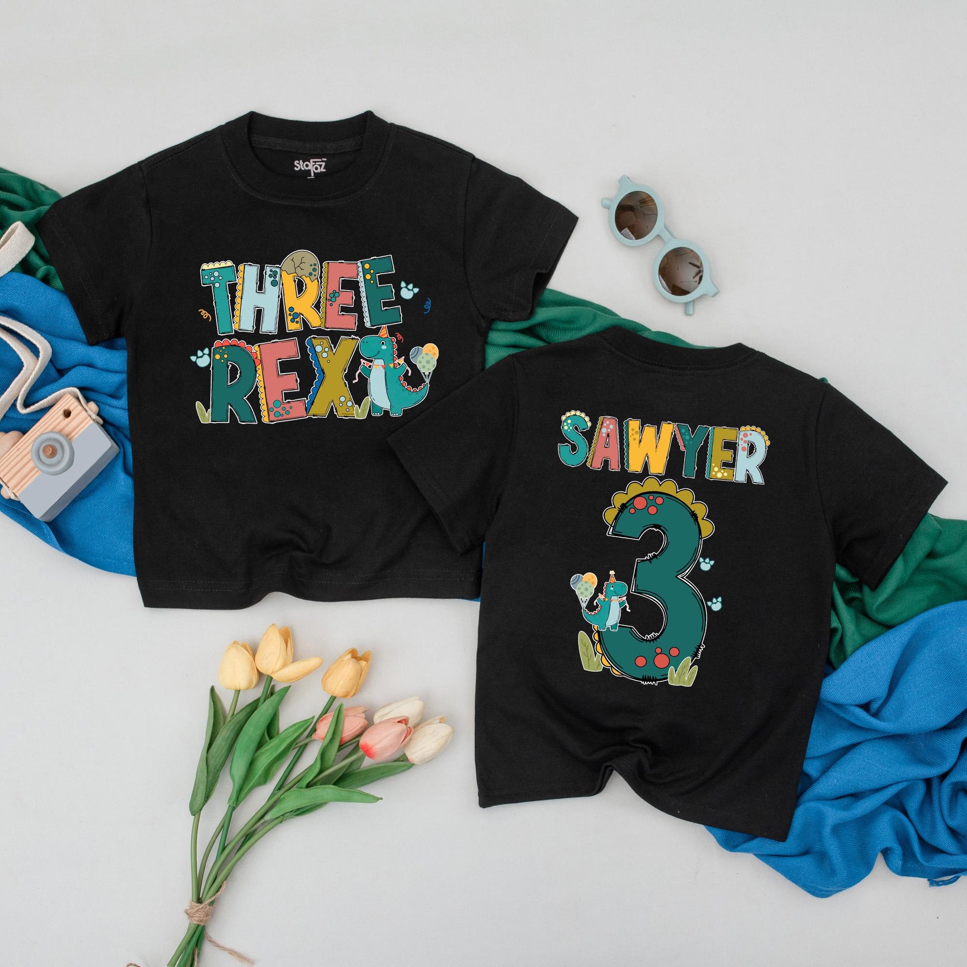 Personalized Three Rex Birthday T-Shirt for 3rd Birthday Boy - Custom Dinosaur Toddler Tee with Sawyer's Name, Cute Dino Outfit