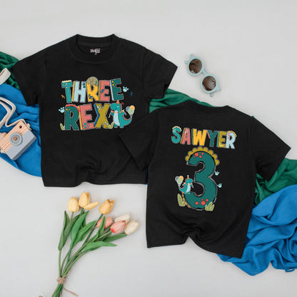 Personalized Three Rex Birthday T-Shirt for 3rd Birthday Boy - Custom Dinosaur Toddler Tee with Sawyer's Name, Cute Dino Outfit
