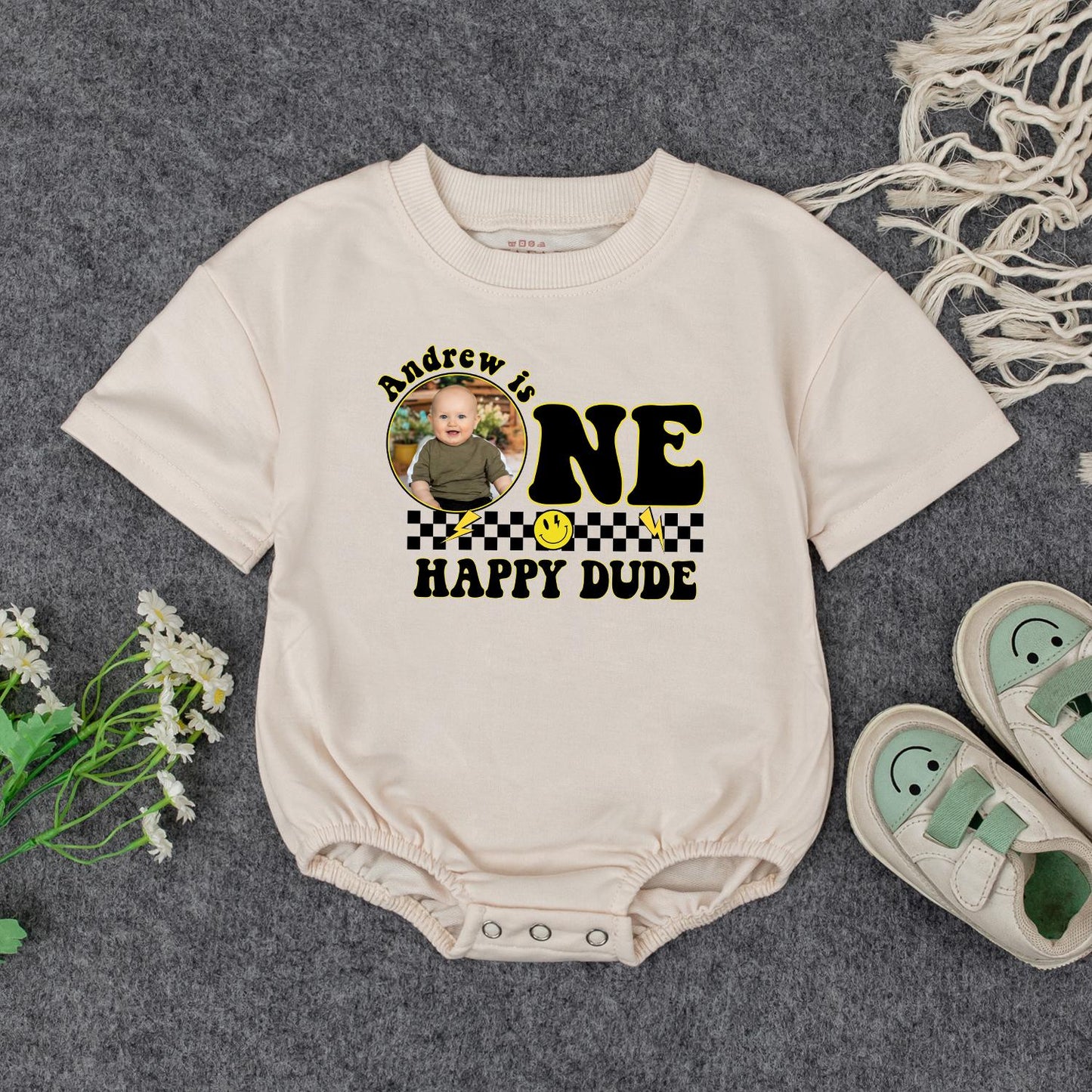 Andrew is ONE HAPPY DUDE First Birthday Romper Custom Photo Checkered Smile Face Baby Outfit Playful Celebration Personalized Birthday Gift Cute Clothes (139 chars)