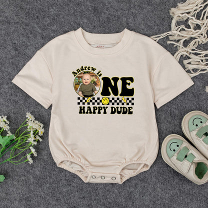 Andrew is ONE HAPPY DUDE First Birthday Romper Custom Photo Checkered Smile Face Baby Outfit Playful Celebration Personalized Birthday Gift Cute Clothes (139 chars)