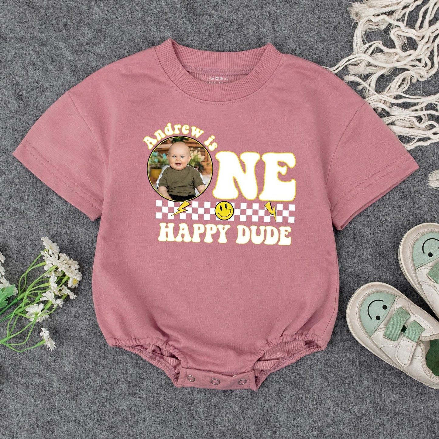 Andrew is ONE HAPPY DUDE First Birthday Romper Custom Photo Checkered Smile Face Baby Outfit Playful Celebration Personalized Birthday Gift Cute Clothes (139 chars)