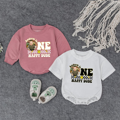 Andrew is ONE HAPPY DUDE First Birthday Romper Custom Photo Checkered Smile Face Baby Outfit Playful Celebration Personalized Birthday Gift Cute Clothes (139 chars)