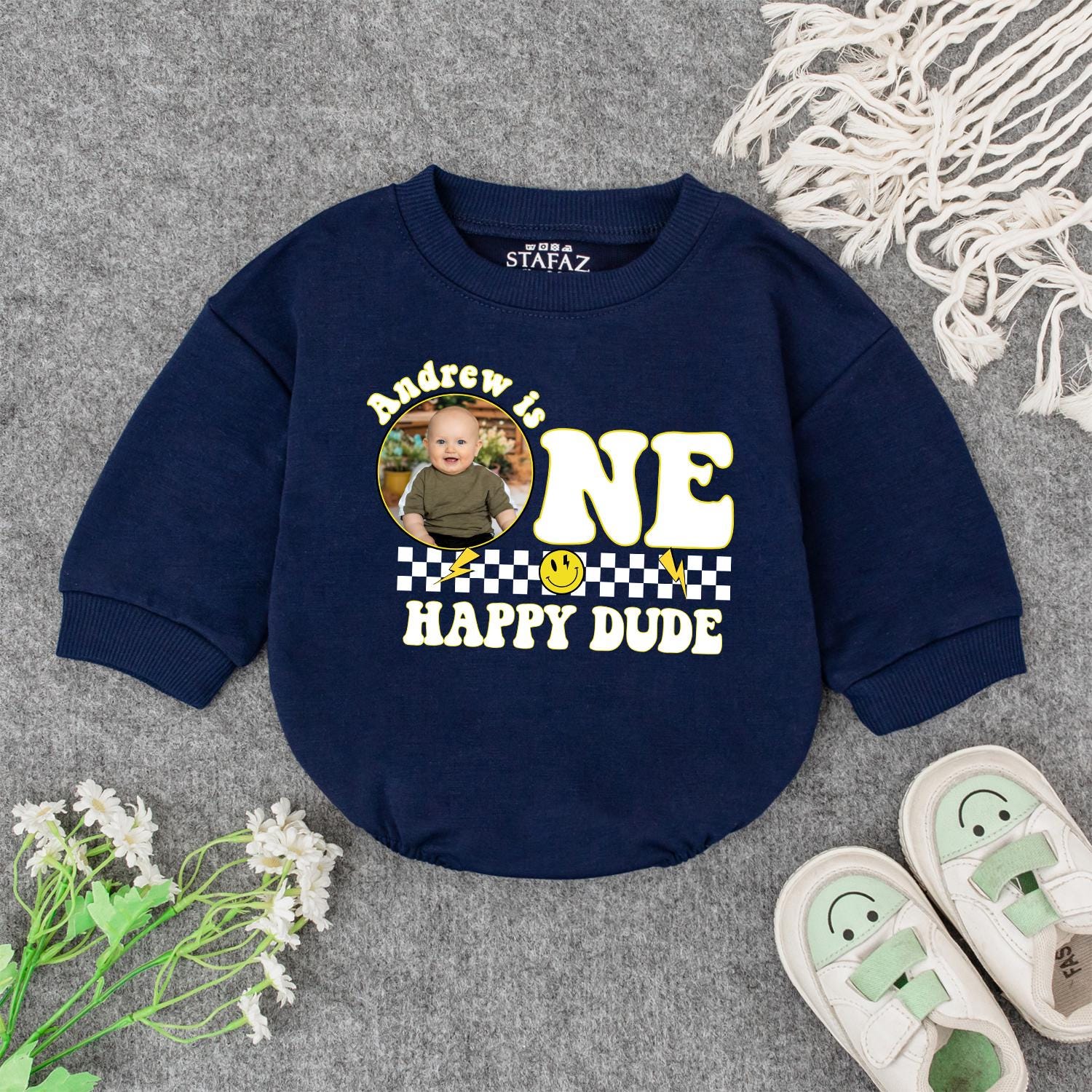 Andrew is ONE HAPPY DUDE First Birthday Romper Custom Photo Checkered Smile Face Baby Outfit Playful Celebration Personalized Birthday Gift Cute Clothes (139 chars)