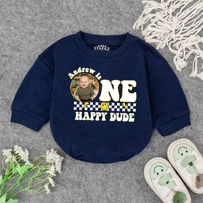 Andrew is ONE HAPPY DUDE First Birthday Romper Custom Photo Checkered Smile Face Baby Outfit Playful Celebration Personalized Birthday Gift Cute Clothes (139 chars)