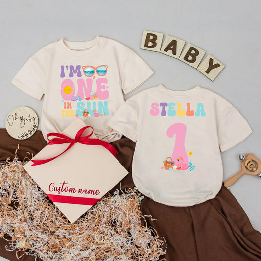 Personalized I'm One in the Sun Baby Romper, First Birthday Outfit, Custom Name Summer Clothes, 1st Birthday Gift Baby Girl, Toddler Shower