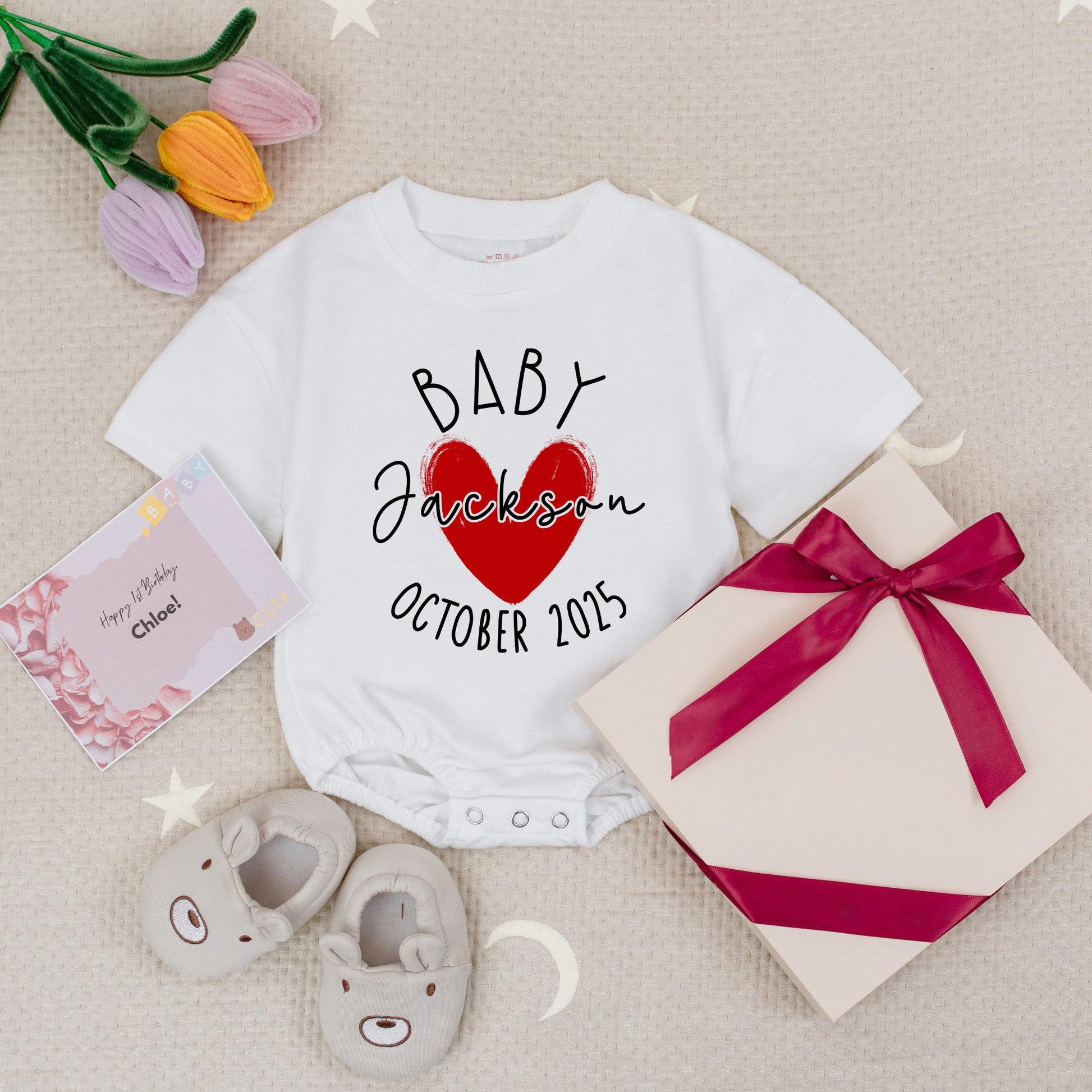 Personalized Baby Announcement Romper Expecting Parents Gift Name Due Date Heart Design Modern Reveal Bodysuit October
