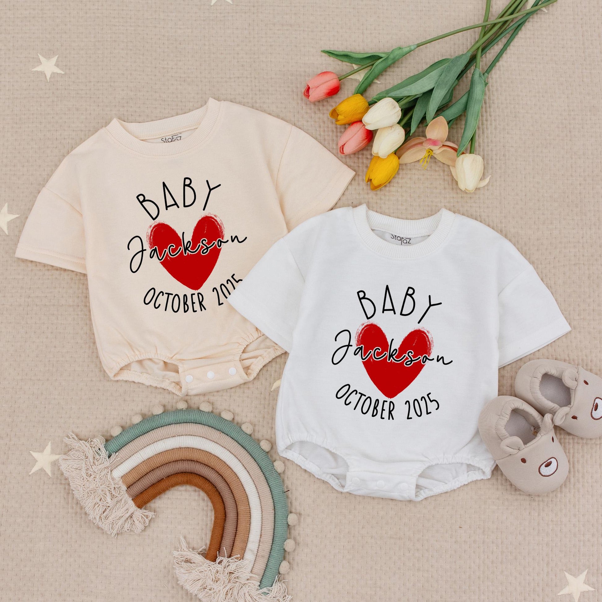 Personalized Baby Announcement Romper Expecting Parents Gift Name Due Date Heart Design Modern Reveal Bodysuit October