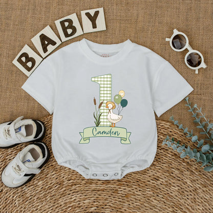 Personalized Goose First Birthday Romper for Baby Girl, Cute Goose Theme Outfit, 1st Birthday Gift, Custom Name, Baby Duck Romper, Birthday Clothes