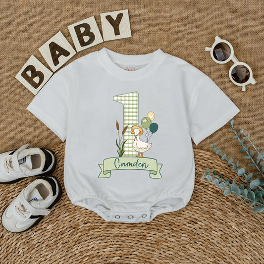 Personalized Goose First Birthday Romper for Baby Girl, Cute Goose Theme Outfit, 1st Birthday Gift, Custom Name, Baby Duck Romper, Birthday Clothes