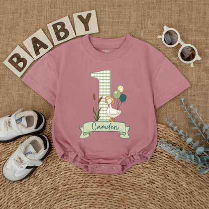 Personalized Goose First Birthday Romper for Baby Girl, Cute Goose Theme Outfit, 1st Birthday Gift, Custom Name, Baby Duck Romper, Birthday Clothes