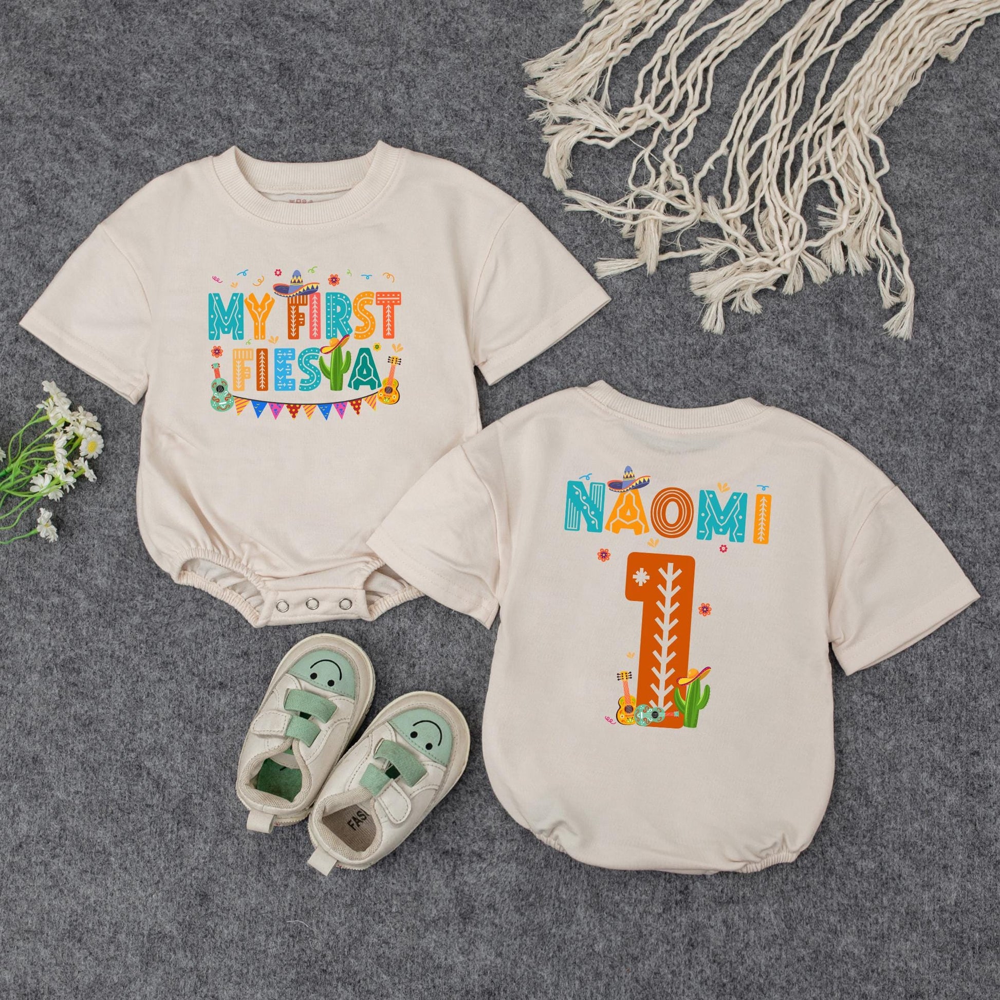 My First Fiesta Baby Bubble Romper Colorful Guitar Sombrero Baby Boy Girl Outfit Mexican Birthday Celebration Clothes