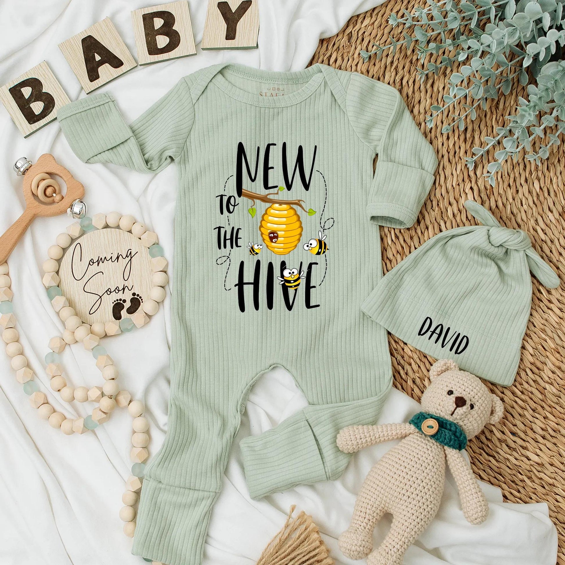 Personalized New to the Hive Baby Bodysuit, Cute Bee Romper, Honey Newborn Outfit,  Baby Shower Gift, Custom Name Coming Home Outfit 138 chars