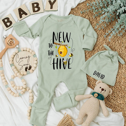 Personalized New to the Hive Baby Bodysuit, Cute Bee Romper, Honey Newborn Outfit,  Baby Shower Gift, Custom Name Coming Home Outfit 138 chars