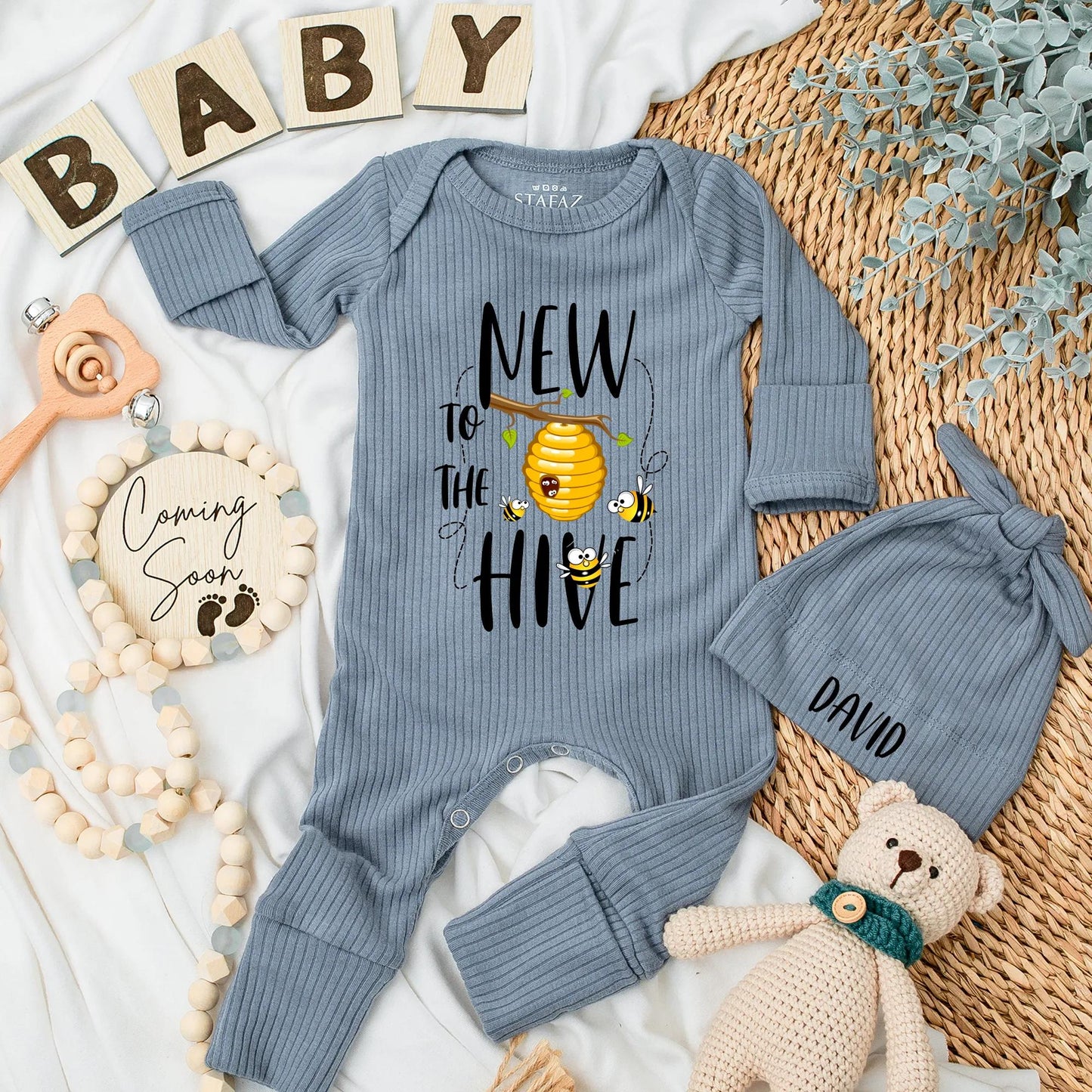 Personalized New to the Hive Baby Bodysuit, Cute Bee Romper, Honey Newborn Outfit,  Baby Shower Gift, Custom Name Coming Home Outfit 138 chars