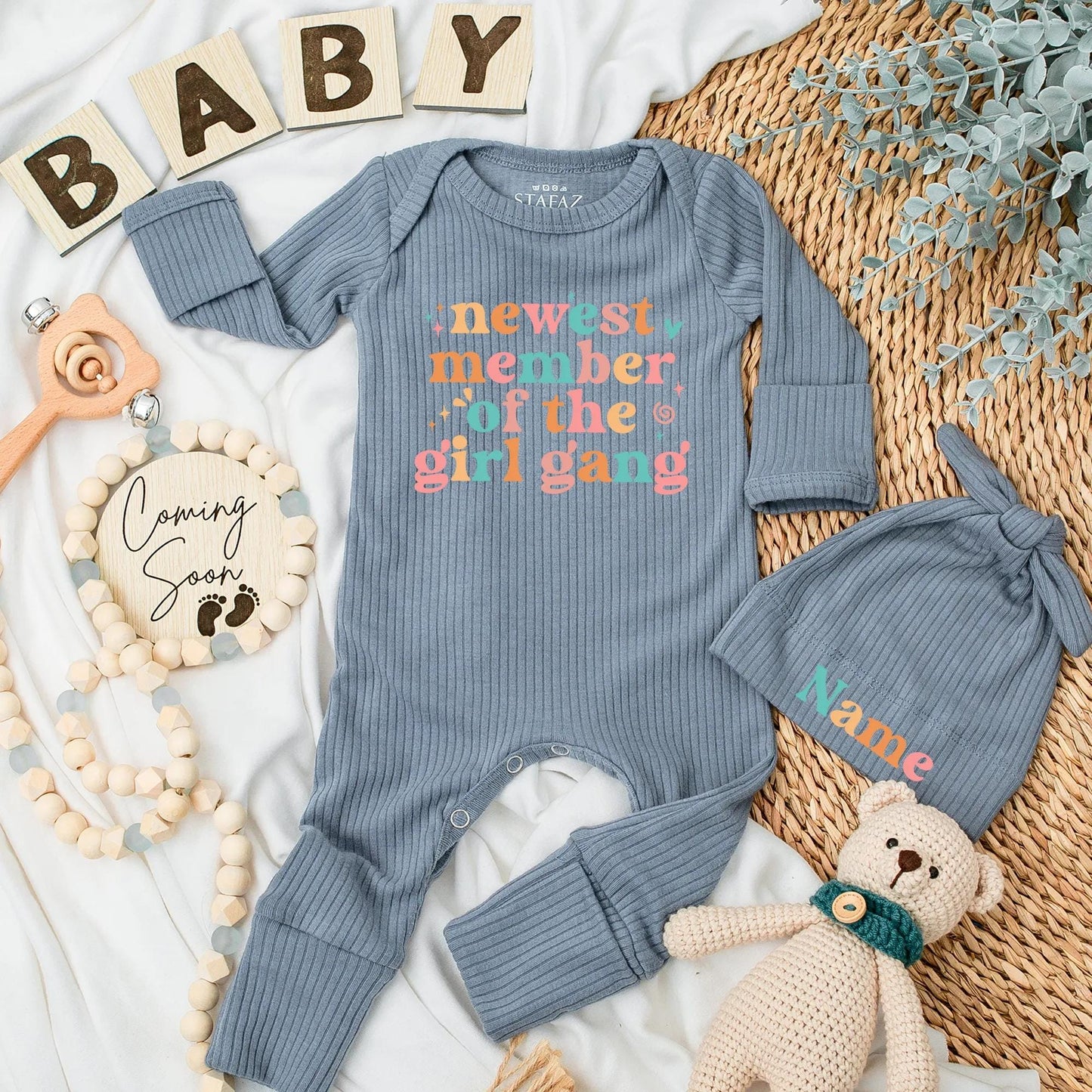 Personalized Newest Member of the Girl Gang Baby Bodysuit and Hat Set for Newborn Girl Perfect Coming Home Outfit Baby Shower Gift or Unique Infant Clothing