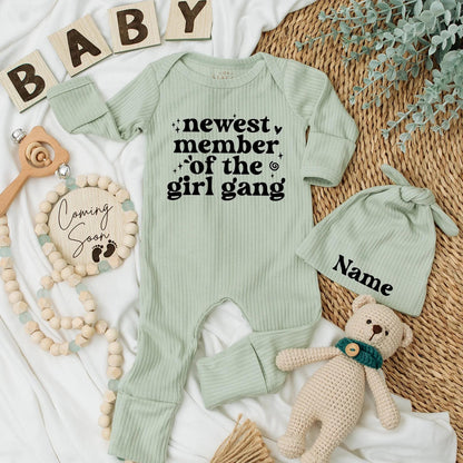 Personalized Newest Member of the Girl Gang Baby Bodysuit and Hat Set for Newborn Girl Perfect Coming Home Outfit Baby Shower Gift or Unique Infant Clothing