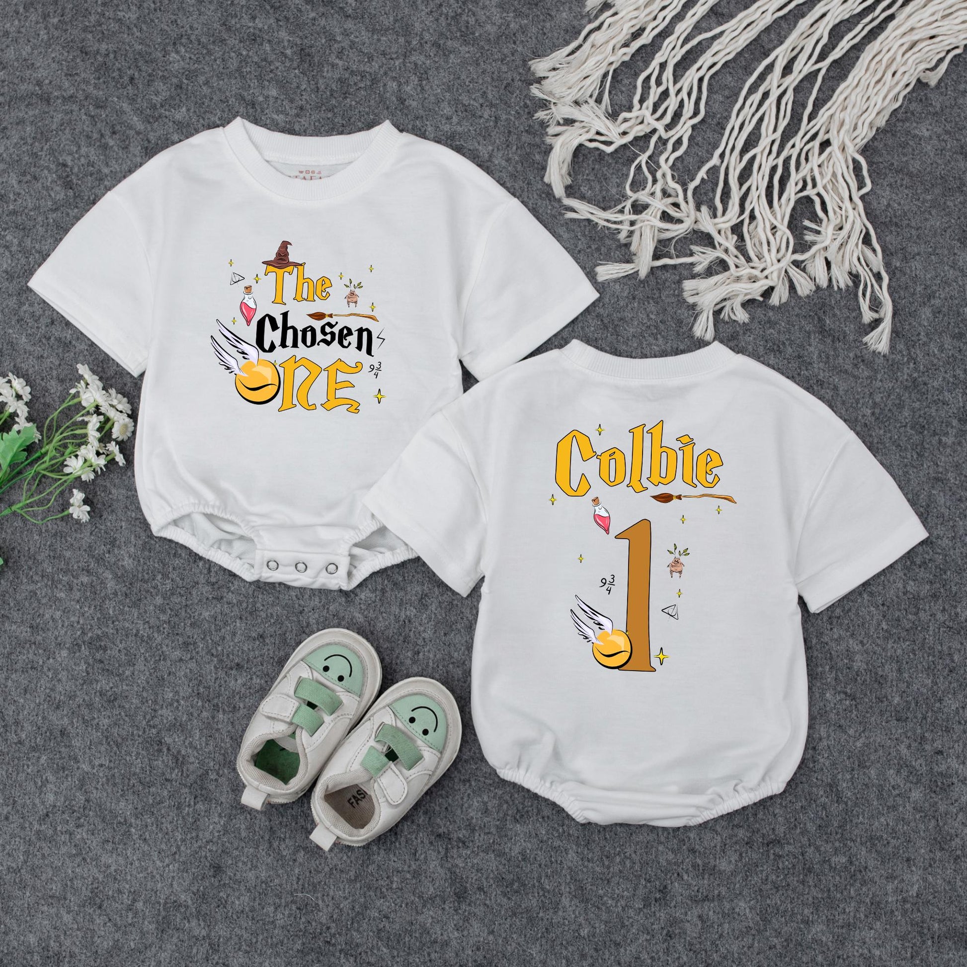 The Chosen One Baby Wizard Birthday Bubble Romper First Birthday Magical Party Outfit Newborn Shower Gift