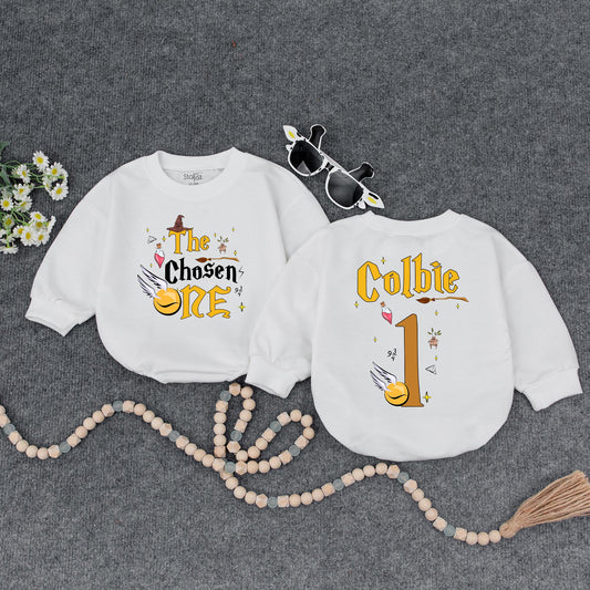 The Chosen One Baby Wizard Birthday Bubble Romper First Birthday Magical Party Outfit Newborn Shower Gift