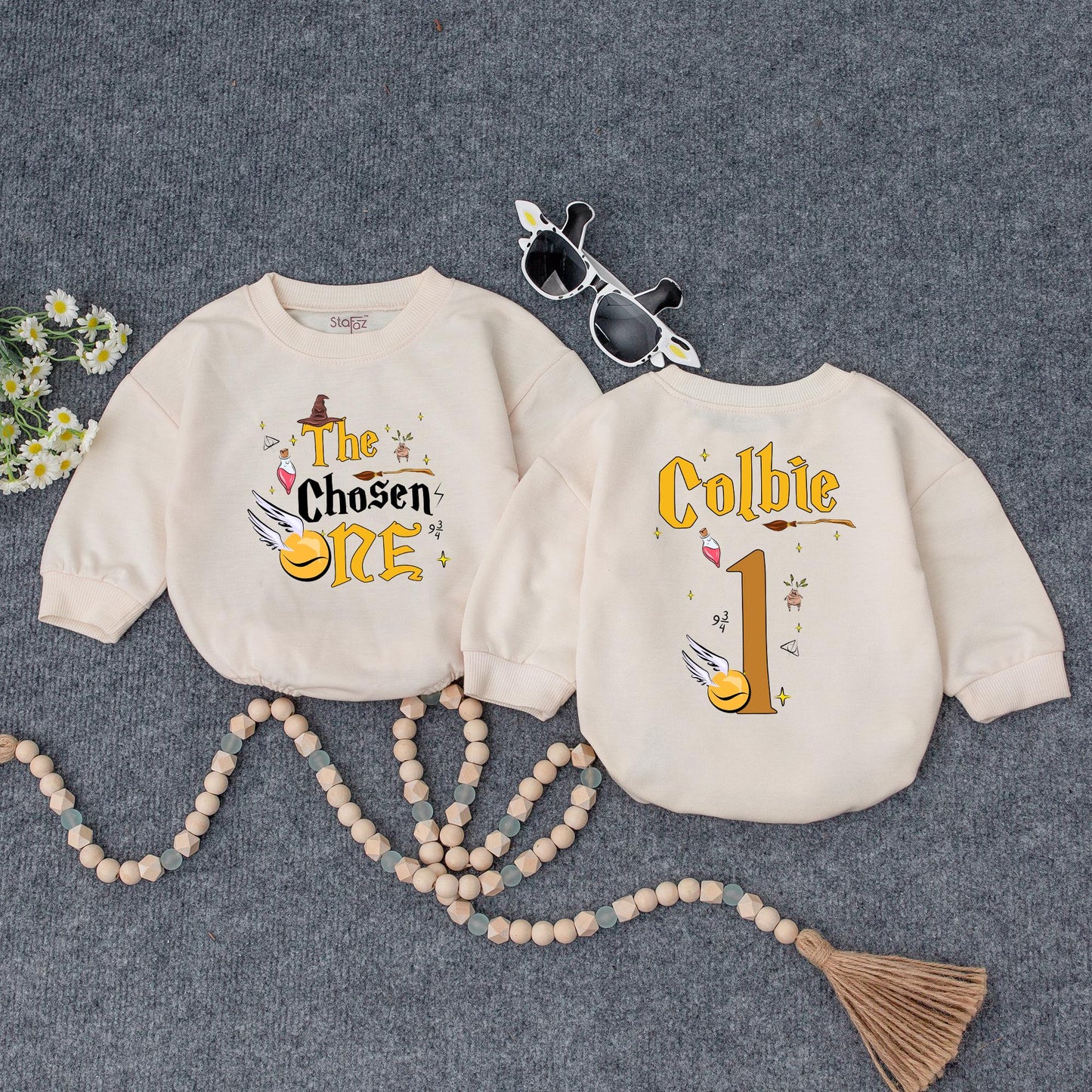 The Chosen One Baby Wizard Birthday Bubble Romper First Birthday Magical Party Outfit Newborn Shower Gift