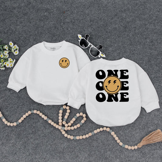 One Happy Dude 1st Birthday Romper, Smiley Face Lightning Bolt Outfit, Cool Baby Bodysuit, Modern Playful Newborn Clothes Shower Gift, Family Photos (139 chars)