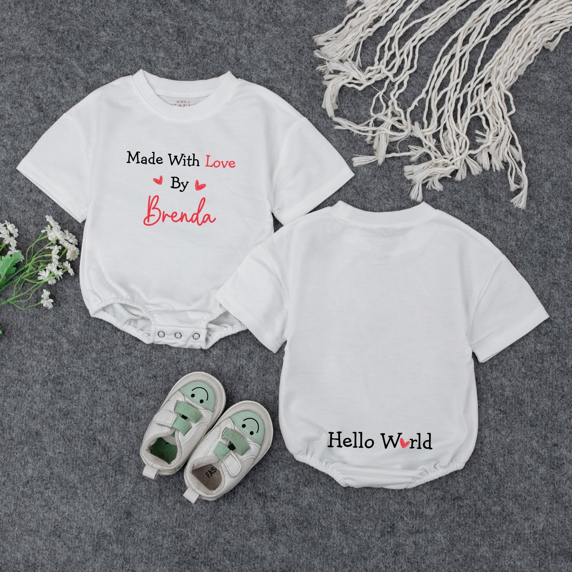 Made With Love Personalized Baby Romper, Cute IVF Announcement Bodysuit, Hello World Heart Design, Unique Baby Shower Gift, Black and Red 139
