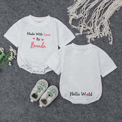 Made With Love Personalized Baby Romper, Cute IVF Announcement Bodysuit, Hello World Heart Design, Unique Baby Shower Gift, Black and Red 139