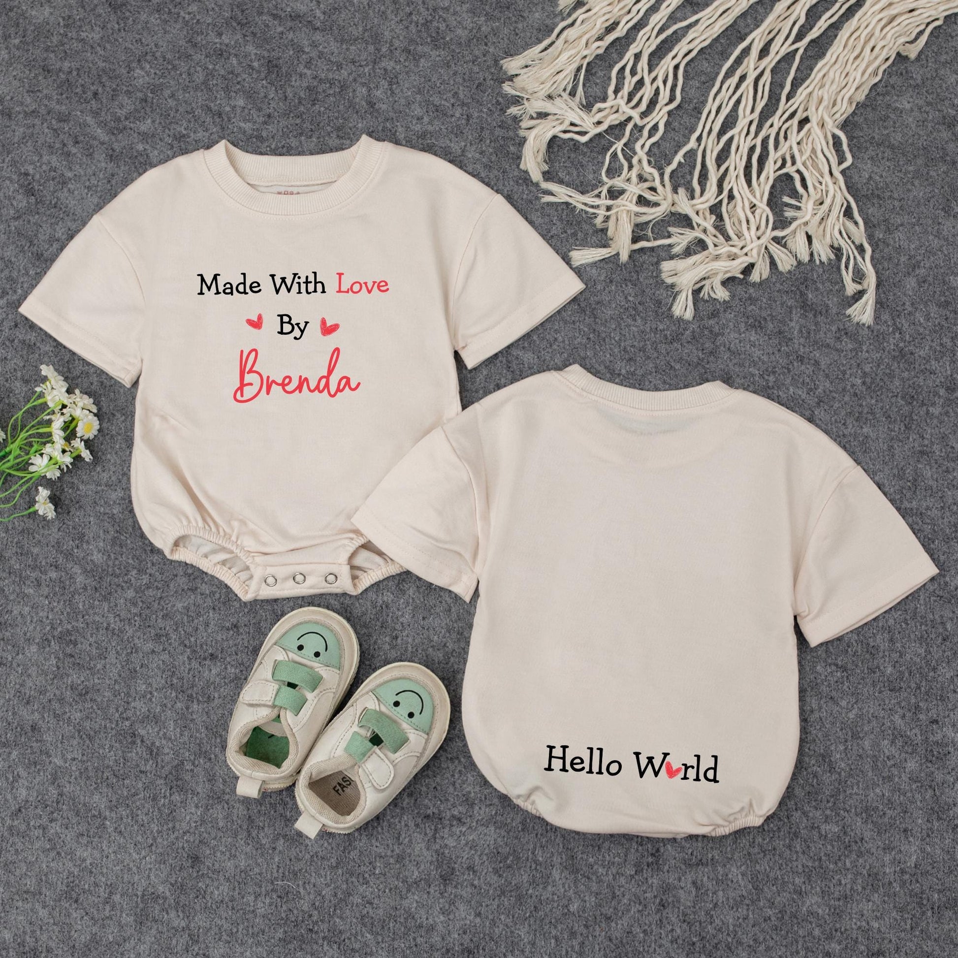 Made With Love Personalized Baby Romper, Cute IVF Announcement Bodysuit, Hello World Heart Design, Unique Baby Shower Gift, Black and Red 139