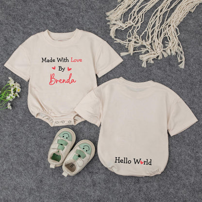Made With Love Personalized Baby Romper, Cute IVF Announcement Bodysuit, Hello World Heart Design, Unique Baby Shower Gift, Black and Red 139