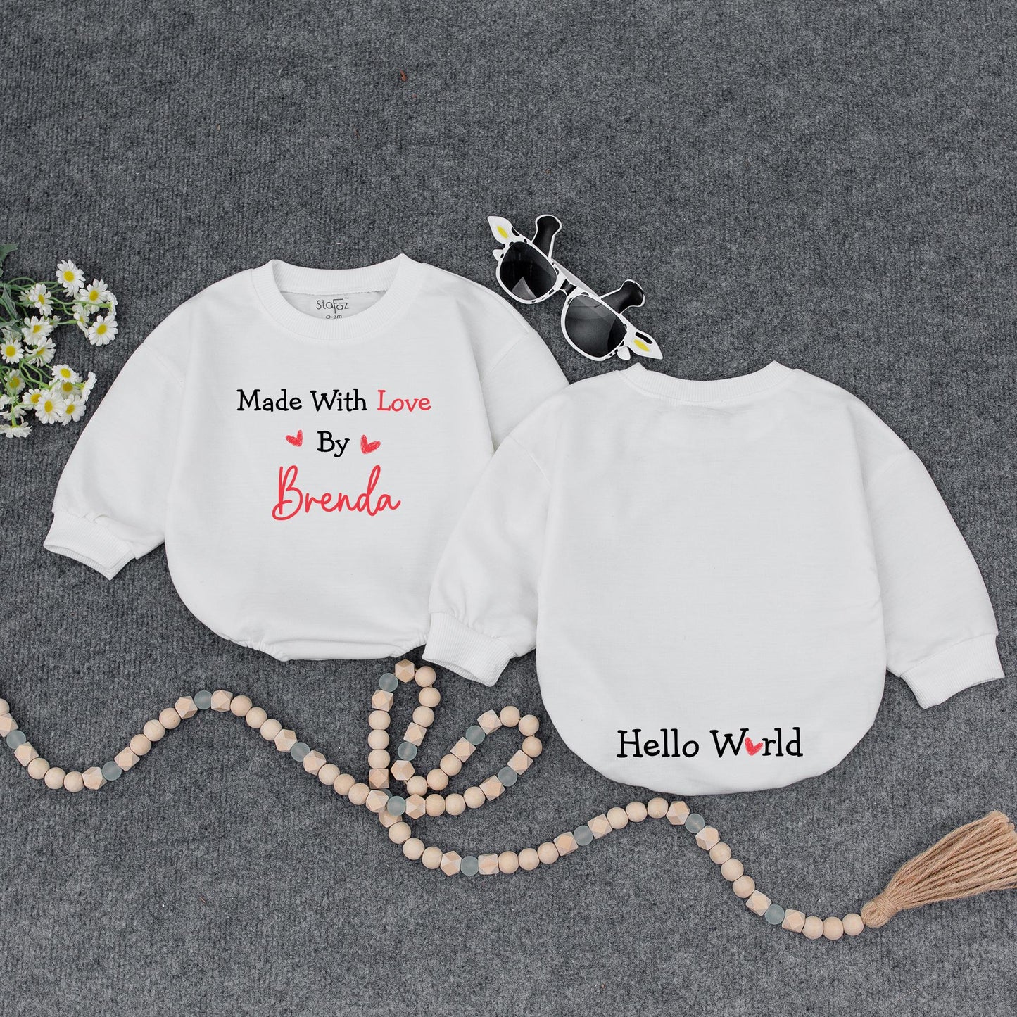 Made With Love Personalized Baby Romper, Cute IVF Announcement Bodysuit, Hello World Heart Design, Unique Baby Shower Gift, Black and Red 139