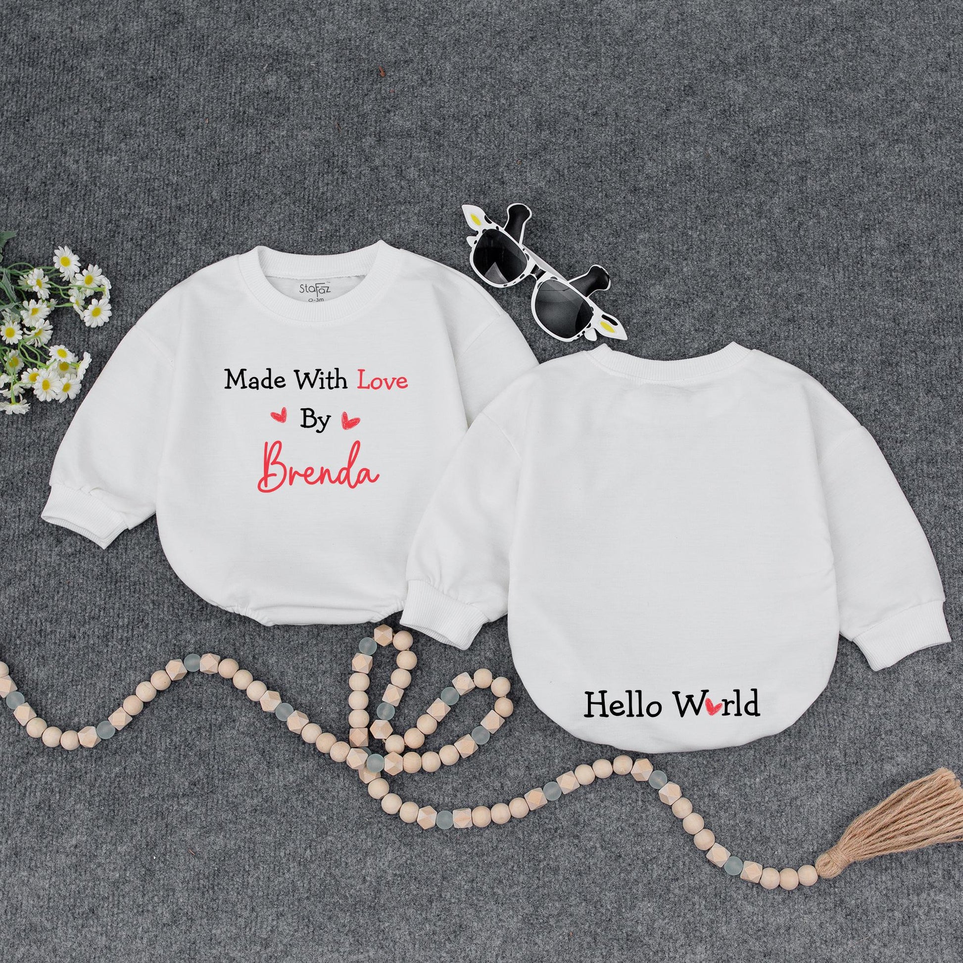 Made With Love Personalized Baby Romper, Cute IVF Announcement Bodysuit, Hello World Heart Design, Unique Baby Shower Gift, Black and Red 139