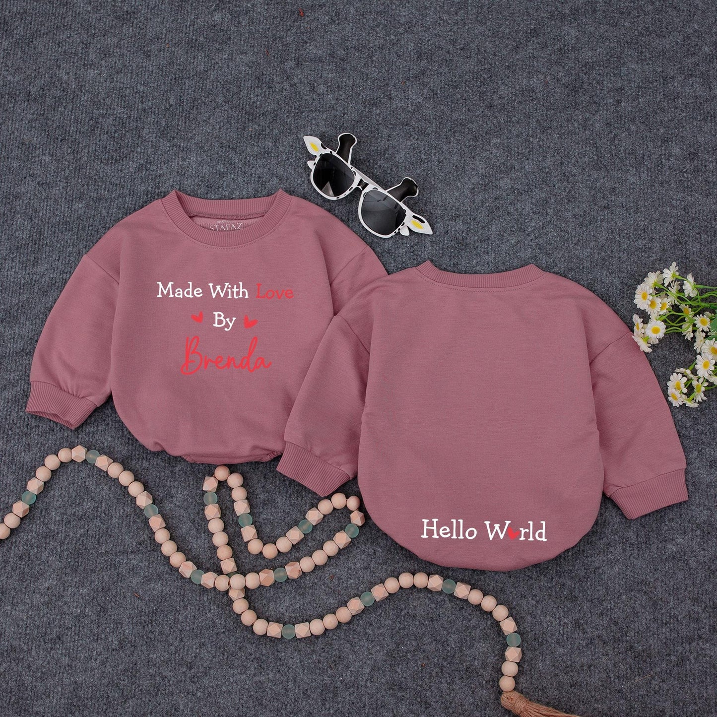 Made With Love Personalized Baby Romper, Cute IVF Announcement Bodysuit, Hello World Heart Design, Unique Baby Shower Gift, Black and Red 139