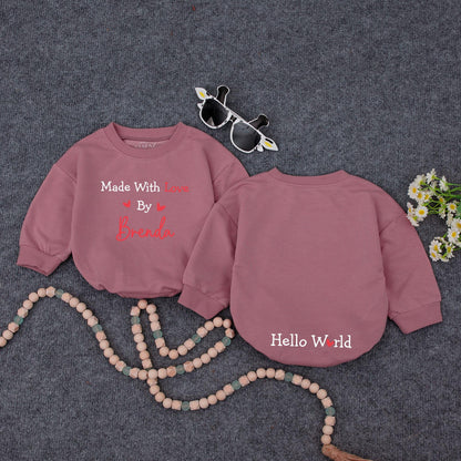 Made With Love Personalized Baby Romper, Cute IVF Announcement Bodysuit, Hello World Heart Design, Unique Baby Shower Gift, Black and Red 139