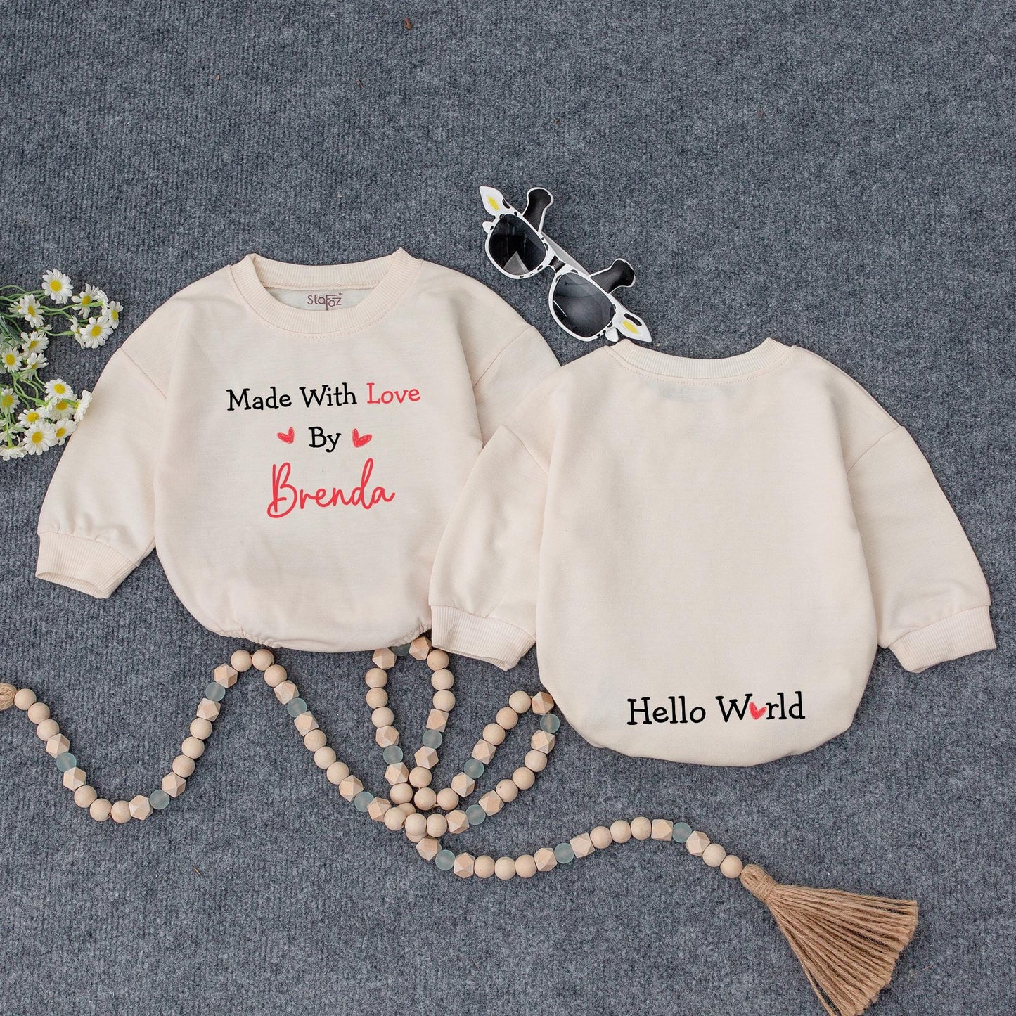 Made With Love Personalized Baby Romper, Cute IVF Announcement Bodysuit, Hello World Heart Design, Unique Baby Shower Gift, Black and Red 139