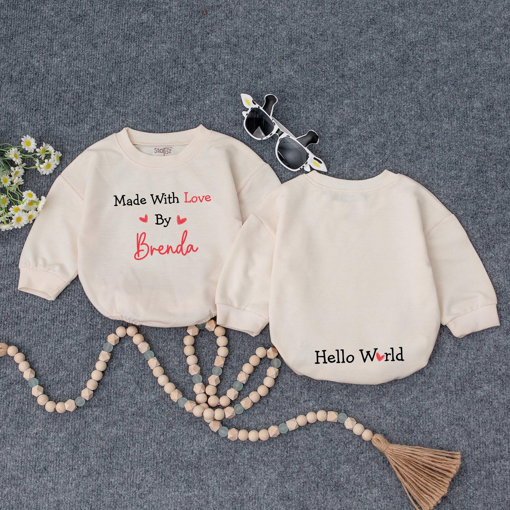 Made With Love Personalized Baby Romper, Cute IVF Announcement Bodysuit, Hello World Heart Design, Unique Baby Shower Gift, Black and Red 139