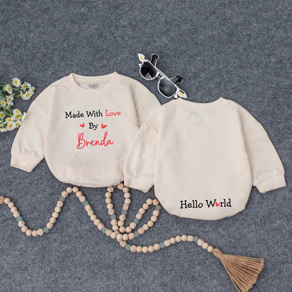 Made With Love Personalized Baby Romper, Cute IVF Announcement Bodysuit, Hello World Heart Design, Unique Baby Shower Gift, Black and Red 139
