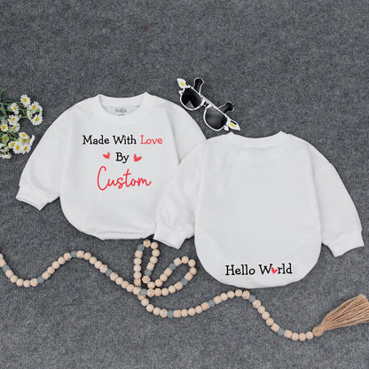 Made With Love Personalized Baby Romper, Cute IVF Announcement Bodysuit, Hello World Heart Design, Unique Baby Shower Gift, Black and Red 139