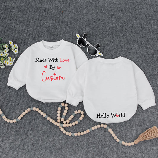 Made With Love Personalized Baby Romper, Cute IVF Announcement Bodysuit, Hello World Heart Design, Unique Baby Shower Gift, Black and Red 139