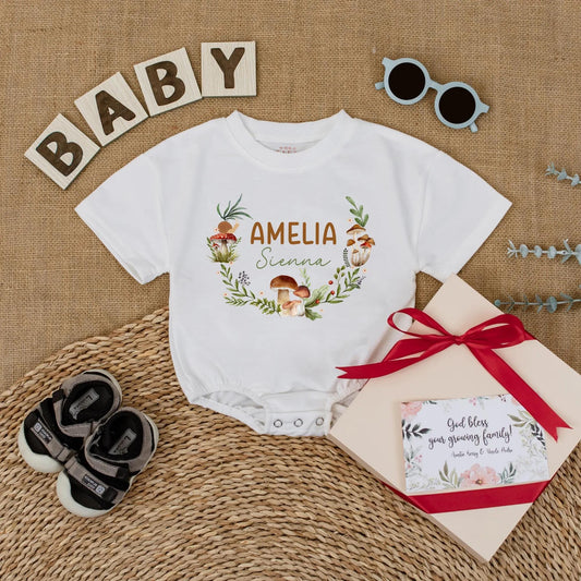Custom Mushroom Baby Romper Personalized Woodland Forest Name Bodysuit Nature Baby Outfit Cute Gift