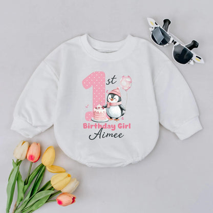 Personalized Penguin Baby Girl Romper First Birthday Outfit Cute Cotton Baby Apparel Adorable Penguin 1st Birthday Gift Idea