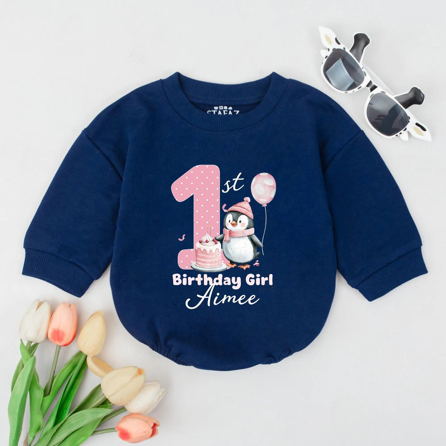 Personalized Penguin Baby Girl Romper First Birthday Outfit Cute Cotton Baby Apparel Adorable Penguin 1st Birthday Gift Idea