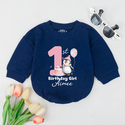 Personalized Penguin Baby Girl Romper First Birthday Outfit Cute Cotton Baby Apparel Adorable Penguin 1st Birthday Gift Idea
