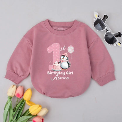Personalized Penguin Baby Girl Romper First Birthday Outfit Cute Cotton Baby Apparel Adorable Penguin 1st Birthday Gift Idea