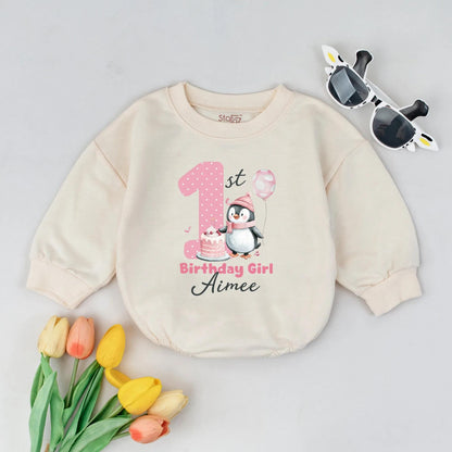 Personalized Penguin Baby Girl Romper First Birthday Outfit Cute Cotton Baby Apparel Adorable Penguin 1st Birthday Gift Idea