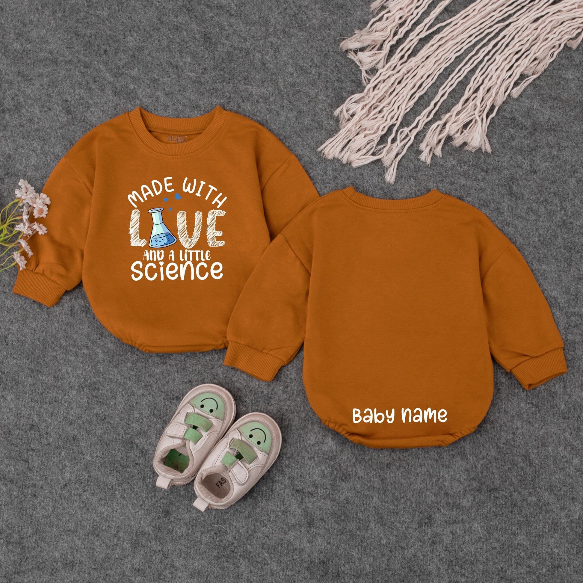 Personalized Made With Love & Science Baby Romper, Teal Hearts Cute IVF Outfit, Infertility Baby Announcement, Custom Name on Back, Baby Girl Clothes